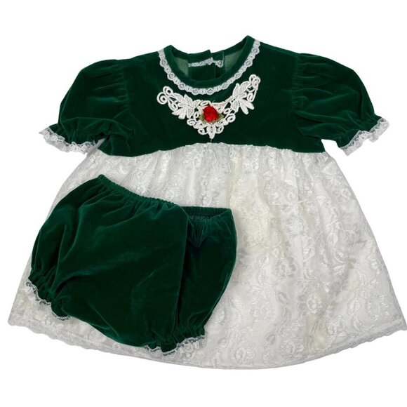 VTG Little Precious Green Velvet and White Lace Baby Doll Little Girl Dress